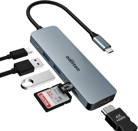 Oditton 6-in-1 USB C Hub, 4K HDMI Ausgang, 100W PD, 2 x USB 3.0-Anschlüsse, SD/TF-Kartenleser, kompatibel mit MacBook, Surface, Dell
