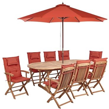 Beliani Conjunto de jardín 8 plazas de Madera de Acacia Clara con Mesa Ovalada y sillas Plegables con sombrilla y Cojines Rojos Maui II