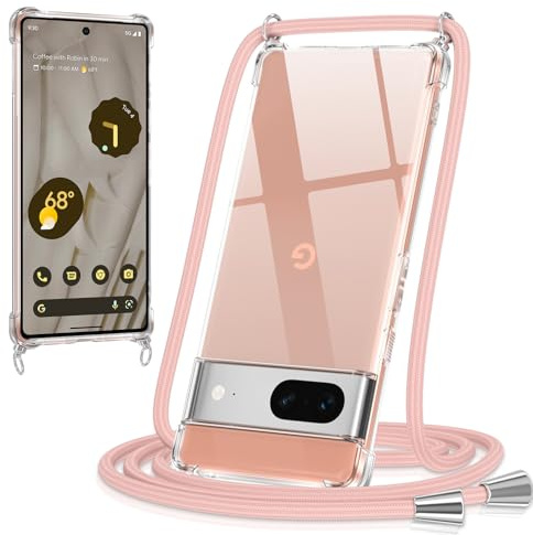 Xylota Coque avec Cordon pour Google Pixel 7?5G 6,3, Etui avec Collier Laniere Tour de Cou Lanière Corde Lanyard, Transparente Silicone Souple TPU PC Case Antichoc Protection Housse Cover,Or Rose