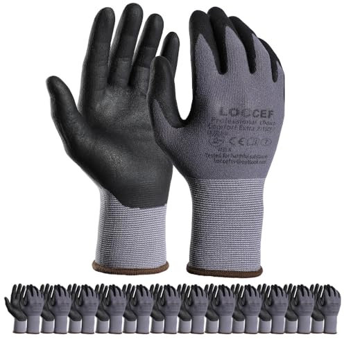 LOCCEF Gants de Sécurité en Nylon Tricoté Sans Couture - Revêtement en Nitrile Micro-Mousse, 12 Paires, pour Bricolage (9/L, Gris)