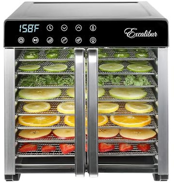 Excalibur Electric Food Dehydrator 8-Tray 7.2 Sq Ft Drying Space with Adjustable Temperature Control Stainless Steel Construction and Glass French Doors, 700-Watts, Stainless Steel
