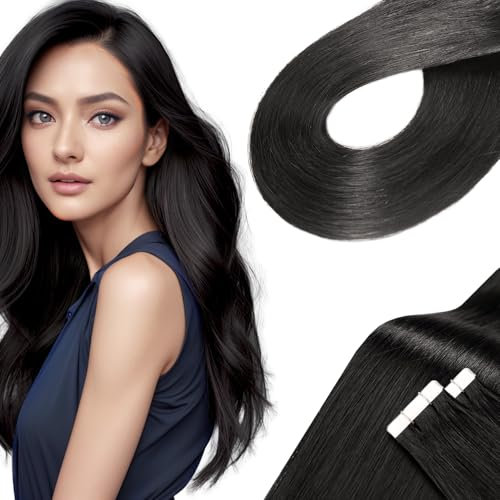 LieblichWelle Tape Extensions Echthaar Off Schwarz 60cm, 20Stück, 50g/Packung, Salon-Klasse Qualität, Einfaches und Angenehmes Tragen für Junge Frauen (Off Schwarz, 60 cm)