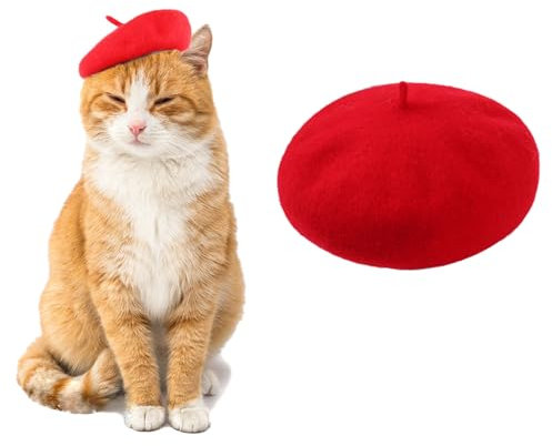 AWOCAN Hund Katze Beret Hut Haustier Französisch Beret Cap Stirnband mit verstellbaren Kinnriemen Weihnachten Kostüm Haar Accessoire Foto Requisiten für Party (rot)