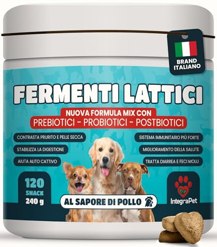 Integrapet Probiotici per cani e Fermenti lattici per Salute Intestinale e Prurito 120 Snack naturali- Probiotico Cane Intestino Dermatite e Diarrea-Brand Italiano
