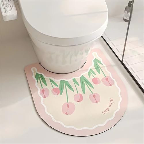 Highdi Toilet Mat U Shape, Flower Pattern Diatomite Bath Mat U Shape Absorbent Quick Dry Non Slip U Shaped Toilet Floor Mat Toilet Rug WC Toilet Mat Washable for Bedroom (Pink Tulip Flower)