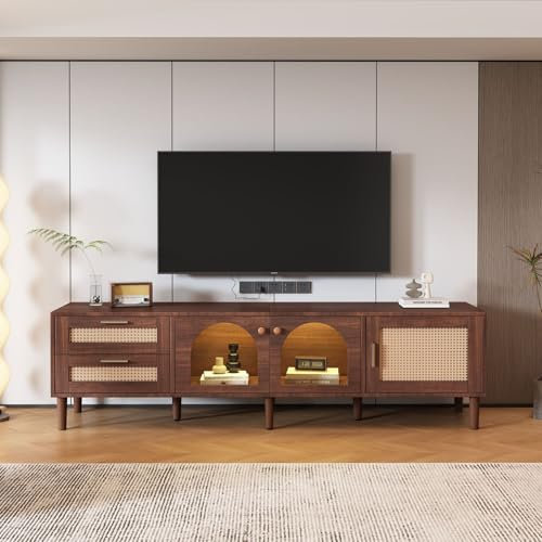 entapuk Meuble TV 180 cm pour TV 80 - avec 2 Tiroirs en Rotin, 2 Portes Vitrées Cintrées Et 1 Porte en Rotin, Éclairage LED, Rangement, Panneau TV, Commode TV, Marron