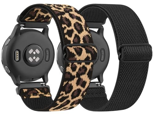 Mugust【2 Stück Armband für Garmin Vivoactive 4S/Venu 3S/Venu 2S/Vivomove 3S Armband,18mm Elastisch Nylon Ersatzband für Garmin Forerunner 255S/265S Damen Herren (Schwarz+Leopard)