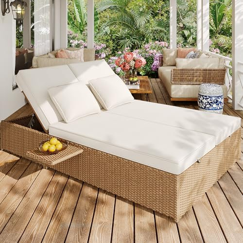 Dolamaní Sonnenliege 2 Personen Klappbar mit Liegefunktion, Rattan Lounge möbel Outdoor mit Auflage, Regal, Kopfstütze und Verstellbare Rückenlehne, Himmelsliege, Relaxliege (Khaki + Beige D)