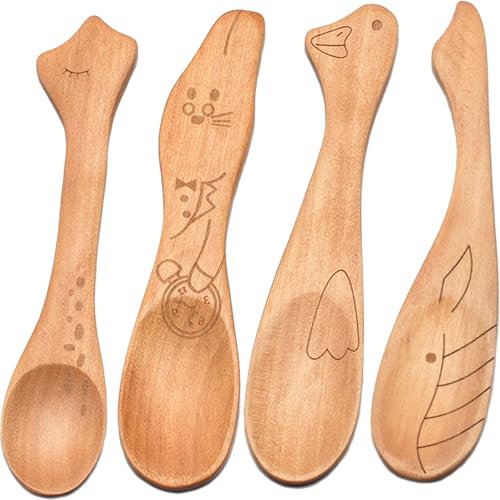 4Pcs Wooden Spoons, Flatware Baby Spoon Set Honey Coffee Tea Powder Spoon Serving Toddler Spoons for Cook Outdoor Restaurant