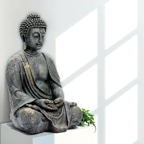 INtrenDU Statue Bouddha Jardin 38cm - Grande Figurine Bouddha Assis Meditation Resine Decoration Exterieur Interieur Resistant Gel & Intemperies - Sculpture Zen Feng Shui Terrasse Balcon