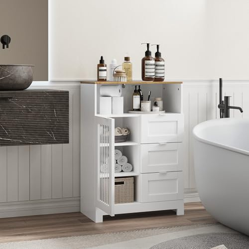 Kiasthome Moderner Badezimmer-Aufbewahrungsschrank mit 3 Schubladen und 1 Tür - Weißer freistehender Badezimmerschrank mit verstellbaren Regalen - Platzsparender Organizer für kleine Räume