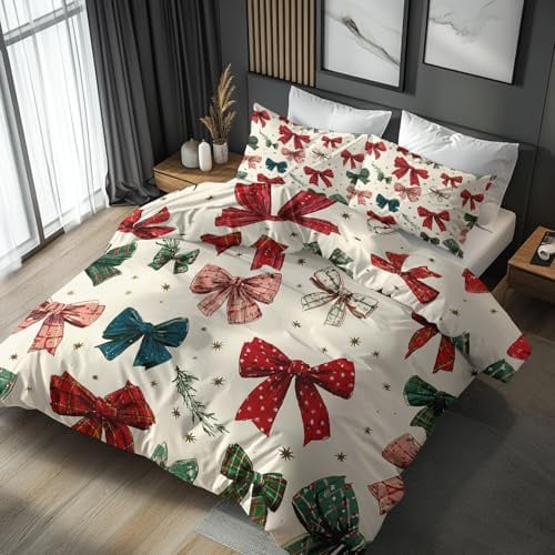 zcwl Schleife Bettwäsche 140x200 2tlg, Weihnachten Wendebettwäsche und 1 Kissenbezüge 70x90, Weiche Mikrofaser Bettbezug mit Reißverschluss, Schlafzimmer Deko, Geschenke Q#538