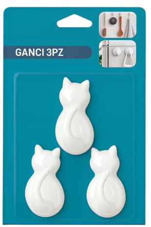PinoLab Cat Shaped Adhesive Hooks - Set of 3 Wall Hooks for Lightweight Objects (Max 1kg) - Decorative Hangers for Kitchen Bathroom and Bedroom - Wall Hooks Without Holes for Smooth Surfaces
