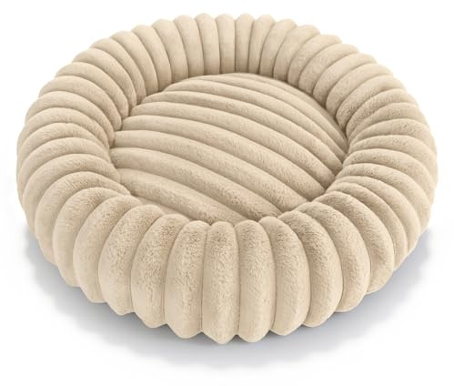 Domarex Rundes Hundebett DOGGURU KIRA 60 cm - Weiches Kissen aus Faux Rabbit Fur - Bequem und umarmend für höchsten Komfort Ihres Haustieres, M, Beige