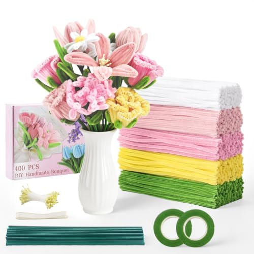 400 Pcs Pink Pipe Cleaners Craft, 5 Colored Pipe Cleaner Flower Kit, | Pastel Chenille Stems for Handmade Bouquet Wrapping Party Decorations with Floral Wire, Ribbons, Tape