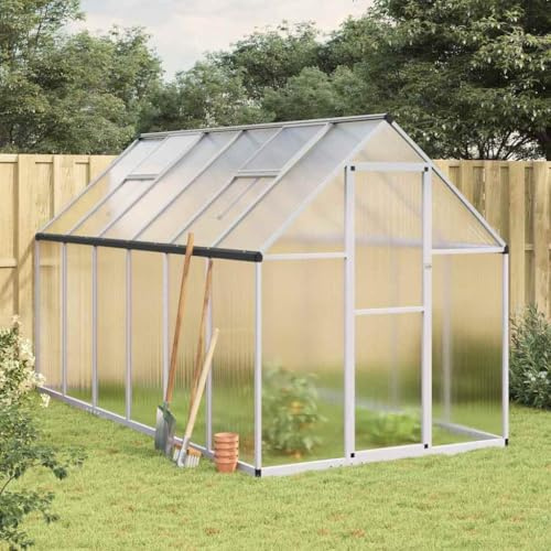 Hommdiy Gewächshaus mit Fundamentrahmen Silber 334x169x195cm Aluminimum Pflanzenhaus mit Dachrinnensystem Flügeltür Treibhaus für Pflanzen