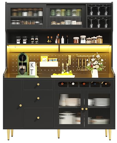 DRIXNO Hochschränke, Küchenschrank mit Arbeitsplatte, Buffetschrank, Schränke mit LED-Beleuchtung, Schublade mit Weinregal, Großer Stauraum, Küche, Wohnzimmer, Esszimmer, 145x39x171 cm, Schwarz