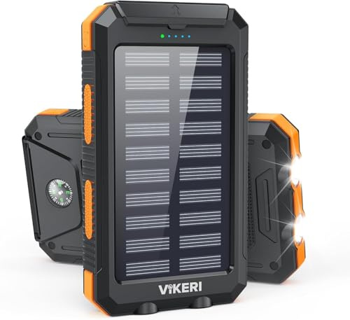 Vikeri Powerbank Solare da 26800 mAh, Power Bank Solare Impermeabile, Porta USB-C per Ricarica Rapida, con 4 uscite, per Smartphone, Tablet, ecc. (Arancione)