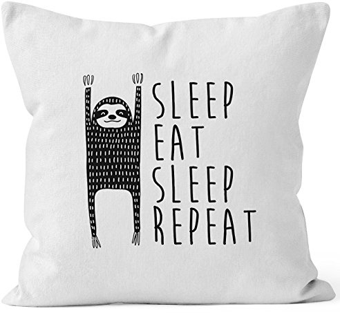 MoonWorks lustiger Kissenbezug Sleep eat Sleep Repeat Faultier Kissen-Hülle 40x40 Baumwolle Weiss Unisize