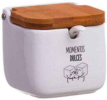 Vidal Regalos Azucarero Ceramica Blanco con Cucharilla Tapa Madera Bambu Mensaje Divertido 12 cm