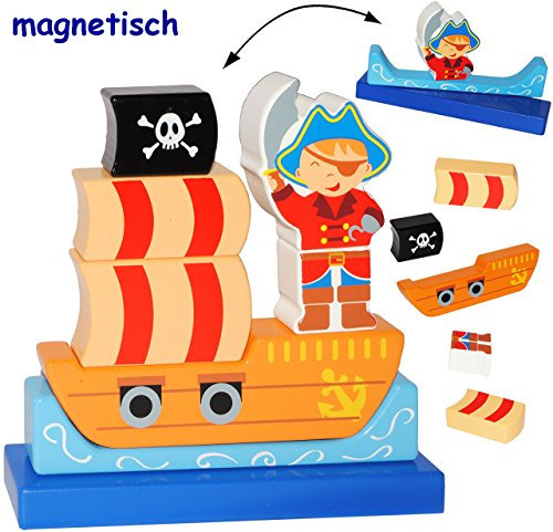 alles-meine.de GmbH 3-D Puzzle - magnetische Holz Bausteine & Klötze mit Magneten - Pirat & Piratenschiff - Steckspiel magnetisch - Stapelturm/Spiel zum Stapeln & Motorik ü..