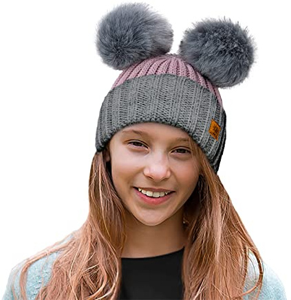 4sold Kinder Mütze Kleinkind Beanie Bobble Hat Baumwollfutter Kunstpelz Ball Pom Pom Cap Unisex Mädchen & Jungen Kinder Winter Strickmütze Bommelmütze Wurm