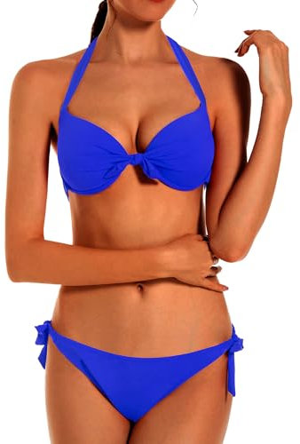 EONAR Damen Bademode Nackenträger Push up Bikinioberteil mit Underwire Einstellbar Seitlich Bindungen Bikini-Sets, Gr.- 70D/75D/80C/85B (XL)Blue