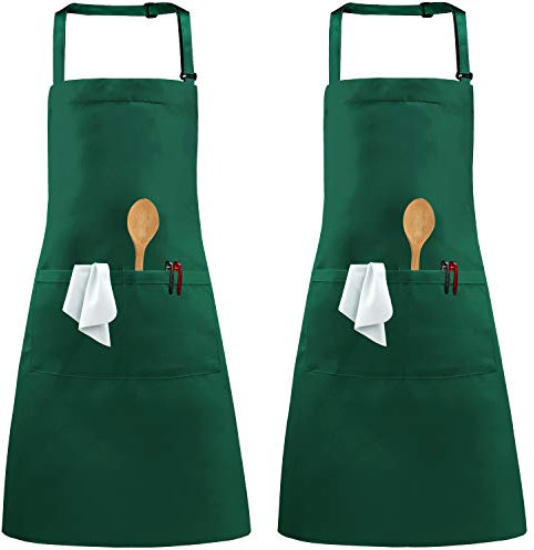 Auranso 2 Pack Aprons, Adjustable Neck Chef Apron with 2 Pockets Kitchen Cooking Apron for Women Men Home Baking Gardening BBQ Craft Restaurant Green