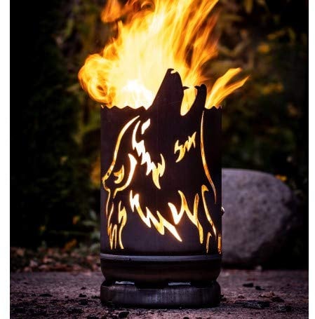 Mandelu Feuertonne Heulender Wolf - Modern, Rund, Eisen, Grau, Schwarz, Orange - Holz - Feuerstelle