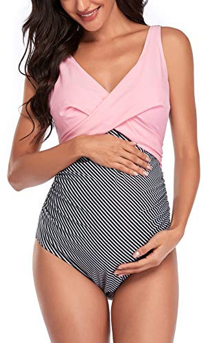 SUMMERSUNSHINE Costume da Bagno Intero Premaman con Incrocio Anteriore Costume da Bagno per Gravidanza Bikini Premaman Rosa E Strisce XL