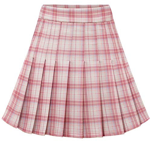 Dressystar Jupe Basique Femme Extensible Patineur Patineuse Pom-Pom Girl Mini Jupe Plissée Rose Blanc Plaid L