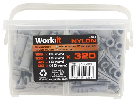 Home It® Universaldübel Set 320-teilig – Nylon Dübel Sortiment mit Kragen 5 mm, 6 mm, 8 mm & 10 mm – Dübelbox mit Tragegriff – Wanddübel für Beton, Mauerwerk und Ziegel