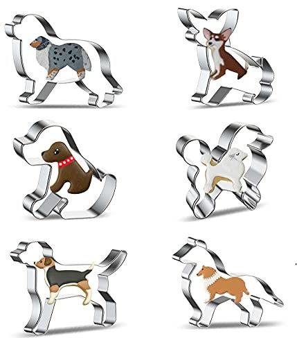 Lot de 6 emporte-pièces en forme de chien - En acier inoxydable - Motif : Border Collie, Chihuahua, Labrador, Rochin, Rottweiler, Adorable chiot en forme de berger