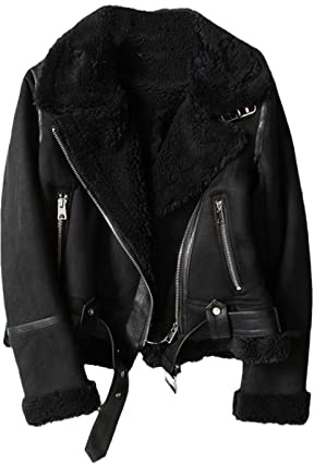 Damen Winter Faux Schaffell Lederjacken Lady Dicke Warme Wildleder Lammfell Kurze Motorrad Braun Mäntel, Schwarz , 36