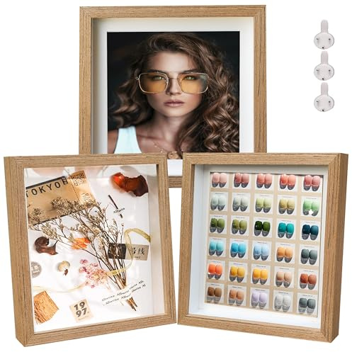 Houstimi Schattenbox-Rahmen 8x8 Original Holz Bilderrahmen 3er-Pack Kleiner Schattenbox-Displaykasten aus massivem Holz und echtem Glas Interne Tiefe 1,5 cm für Wand oder Tisch