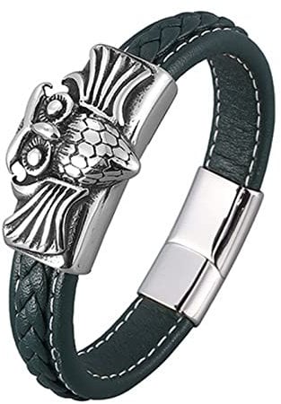 Skcess Männer Armband Silber，Kettenarmbänder Eule Magnetische Schnalle Lederarmband Rostfreier Stahl Männerarmband 20.5cm