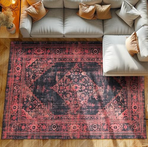 Kurzflor Teppich Wohnzimmer Schlafzimmer Läufer Flur Waschbarer Teppich Weich Vintage Stil, Wohnzimmerteppich, Farbe: Rot, Größe: 80 x 250 cm