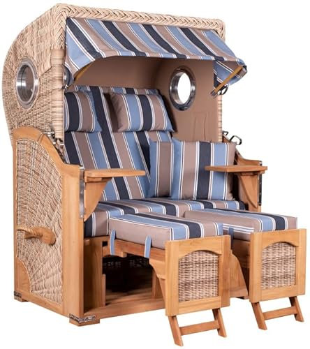 MR. DEKO® Strandkorb Düne Teak 2-Sitzer Bullauge | PE Geflecht Shell | Volllieger Strandstuhl verstellbar | inkl. 4 Kissen Wechselpolster | Strandkörbe fertig montiert aus Teakholz | (Dessin 580)