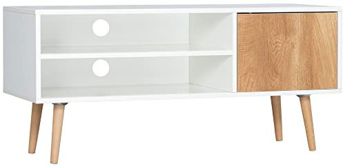 HOMCOM Mueble de TV Moderno con 2 Estantes de Almacenamiento y Puerta Mesa para TV de Salón para Televisores de hasta 55 Pulgadas para Dormitorio 110x40x50 cm Blanco y Marrón