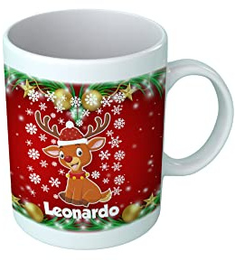 Overthetee, Tazza Natalizia Personalizzata con Nome, Piccola Renna Dolce e Simpatica, Ceramica 330 ml, Regalo di Natale per Amici e Famiglia, Lavastoviglie e Microonde, Made in Italy