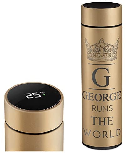 Maverton Travel Mug with Engraving for Man - 450 ml Vacuum Insulated Flask - Removable Tea Infuser - Personalised Gold Mug for Birthday - LED Temperature Display - for him - King -