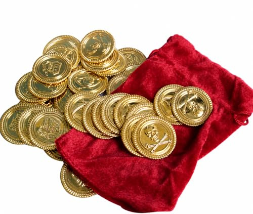 Ameisenkeks® Piraten Goldmünzen Set – 36 Kunststoff Münzen Ø 33 mm + roter Beutel – Kinder Schatzsuche, Piratenparty Deko, Mitgebsel, Karneval Zubehör