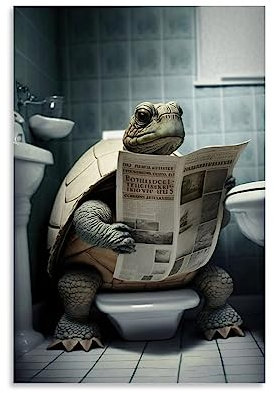 WEERSHUN Poster mit Schildkröte auf Toilette, zum Lesen, Zeitungsposter für Kinder, Badezimmer, Humor, lustiges Tier auf Toilette, schwarzes und weißes Poster, Leinwand, 90er-Jahre, Wandkunst,