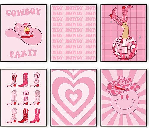 Preppy Room Decor Dänische Pastell-Wandkunst Dekor Ästhetische Preppy Stuff Leinwanddrucke Wandkunst Vintage Pink Groovy Poster Retro Stil Cowboy Hippie Wanddekoration (20,3 x 25,4 cm, ungerahmt, Stil