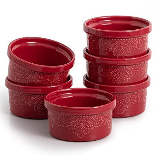 FUN ELEMENTS FE Lot de 6 ramequins à soufflé en céramique pour crème brûlée en relief Rouge 240 ml