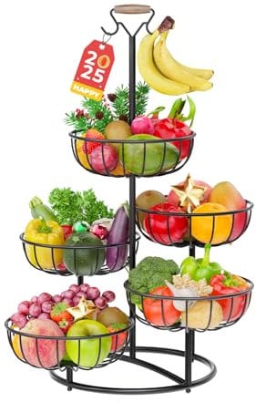PouHenier.jh 5 Etagere Große Obstschale und Gemüsekorb für Küchenarbeitsplatte, Metall Obsthalter und Gemüsekorb mit Bananenhaken, Verstellbares und Stabiles Obstkorb (Schwarz)