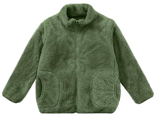 Bambini Giacca in Pile Corallo Colletto in piedi Cappotto con Cerniera Genitore-Bambino Autunno Inverno Transizioni Stagioni Capispalla Caldo e Morbido con Tasche per 1-15 Anni, Verde Militare 130