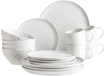 MÄSER 934007 Serie Andoro, Semi-matt glänzendes Vintage Geschirr-Set für 4 Personen, 16-teiliges Kombiset mit weißer Glasur und dunkelgrauen Sprenkeln, Steinzeug