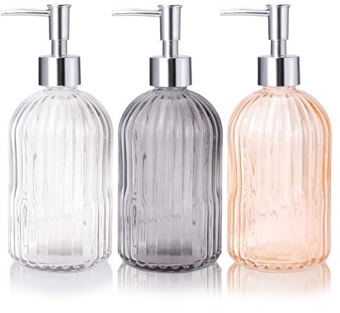 RETON Lot de 3 Distributeur Savon Verre, Flacon Pompe Verre de 14 oz avec Pompe en Plastique Antirouille, Distributeur de Savon Liquide Rechargeable pour Les Mains pour Salle de Bain