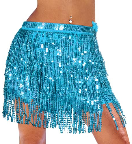 Monbessi Glitzer Rock Damen Pailletten Rock Stilvoll GlitzerRock Karneval FransenRock (Blau)
